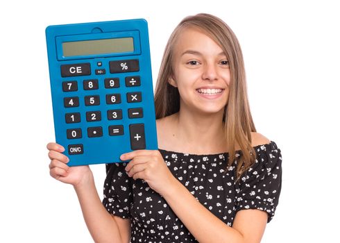 Student holding big calculator. Portrait of funny cute teen girl, isolated on white background. Happy cheerful child looking at camera. Back to school