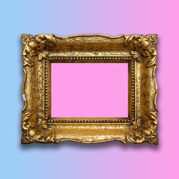 Retro Old Gold Frame On Blue Pink Background Stock Photo
