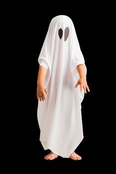 Funny Halloween Kid Concept, little cute child with white dressed costume halloween ghost scary, studio shot isolated on white background