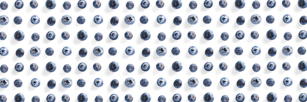 Background of Freshly picked blueberries on white backdrop. Blackberry modern flatlay background. banner wide shot