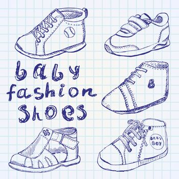 Baby fashion shoes set sketch handdrawn on notebook paper.