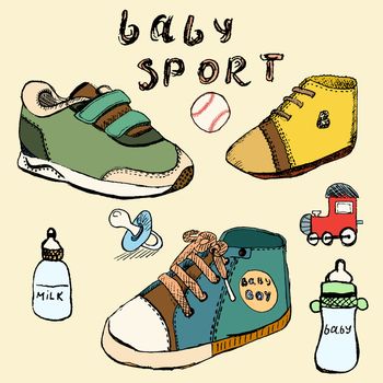 Baby shoes set sketch handdrawn in color.