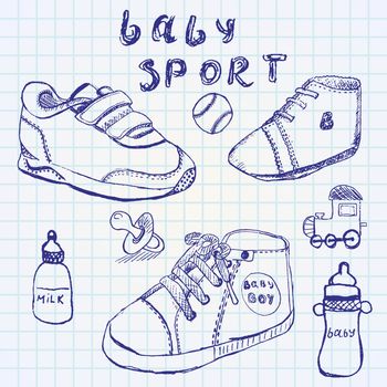 Baby shoes set sketch handdrawn on notebook paper.
