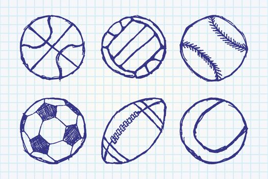 Ball sketch set simple outlined isolated on paper notebook.
