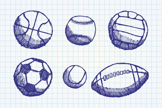 Ball sketch set with shadow on paper notebook.