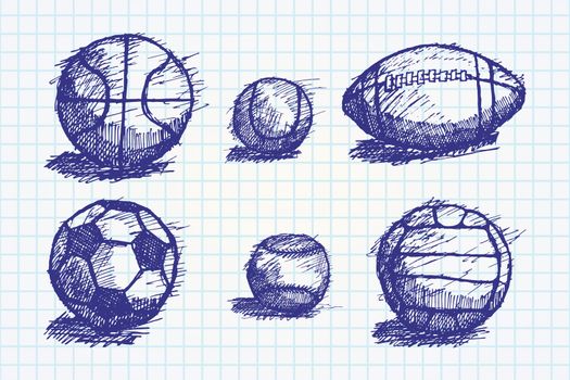 Ball sketch set with shadow on the ground on paper notebook.