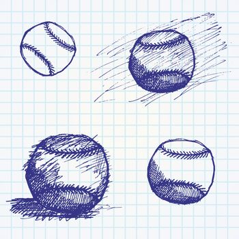 Baseball ball sketch set on paper notebook.