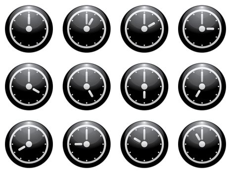 clock symbol set white on black isolated on white background.