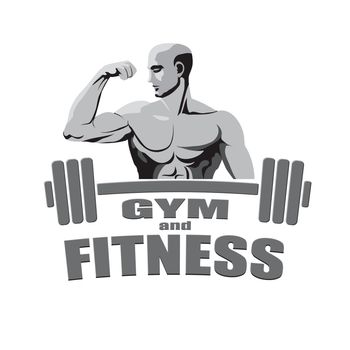 Fitness gym logo mockup bodybuilder showing biceps isolated on white background.