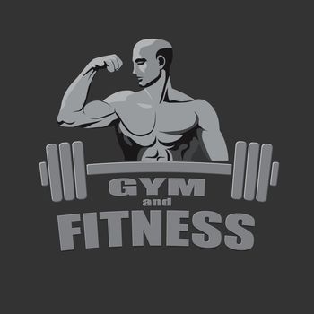 Fitness gym logo mockup bodybuilder showing biceps grey background.