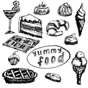 Food deserts set sketch handdrawn on blackboard, isolated on white background.