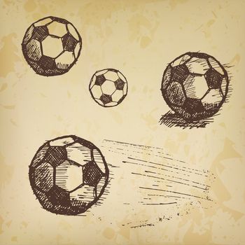 Football soccer ball sketch set on old paper.