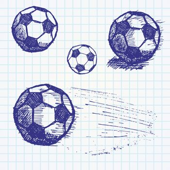 Football soccer ball sketch set on paper notebook.