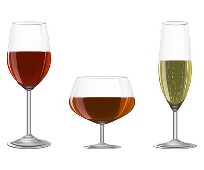 glasses of wine, champagne, cognac on metal stand isolated on white backgroud