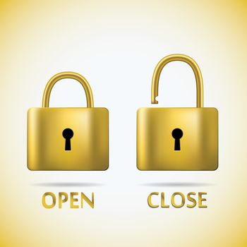 Locked and unlocked Padlock gold text open close.