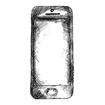 Handdrawn sketch of mobile phone front isolated on white background.