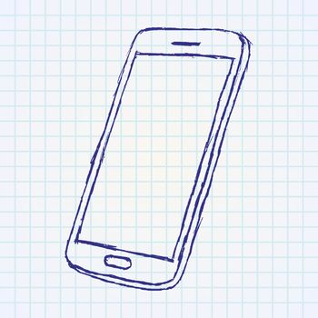 Handdrawn sketch of mobile phone outlined on paper notebook.