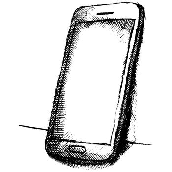 Handdrawn sketch of mobile phone with shadow isolated on white background.