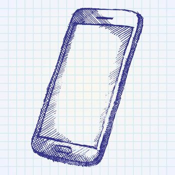 Handdrawn sketch of mobile phone with shadow on paper notebook.