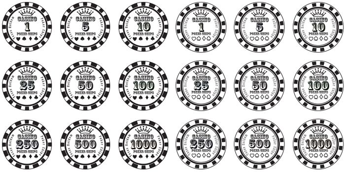 poker chips set black and white isolated on white background.