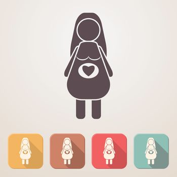 Pregnant woman flat icon set in color boxes with shadow.