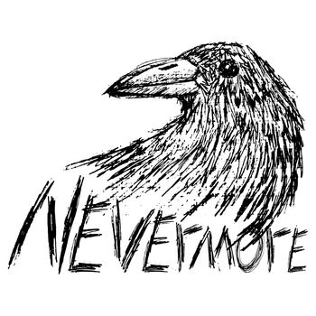 Crow raven handdrawn sketch text nevermore isolated on white.