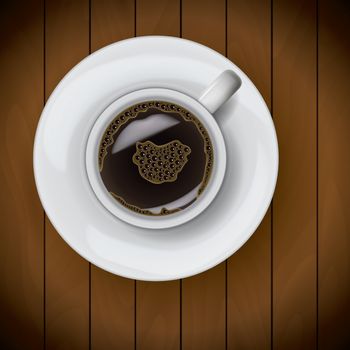 Coffee cup on plate realistic on wood background.