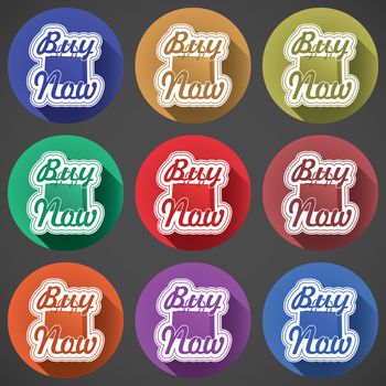 shoping bag icon set with text buy now on color fade shadow effect.