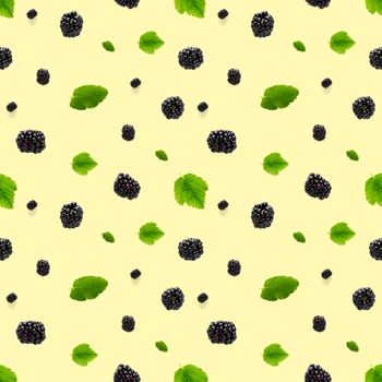 Bramble Seamless pattern. Fresh blackberry seamless pattern. Square pattern with fresh wild berries isolated on yellow background. flat lay.