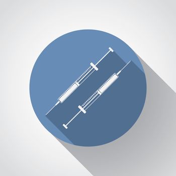 insulin syringe flat icon with long shadow on blue.