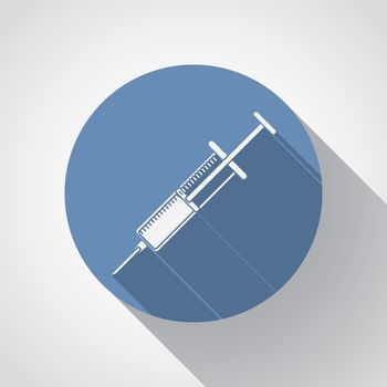 syringe flat icon with long shadow on blue.