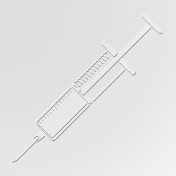 syringe cut out of paper style on gray background.