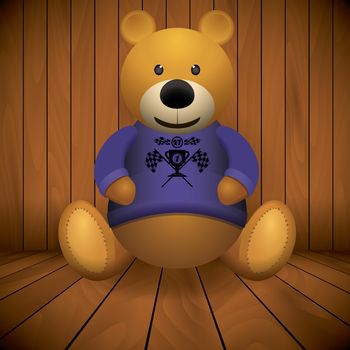 Teddy bear brown stuffed toy print on chest wooden background.