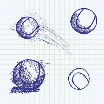 Tennis ball sketch set on paper notebook.