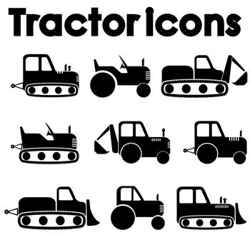 Cut Out Black Various Tractor and Construction Machinery Icon set isolated on white background.