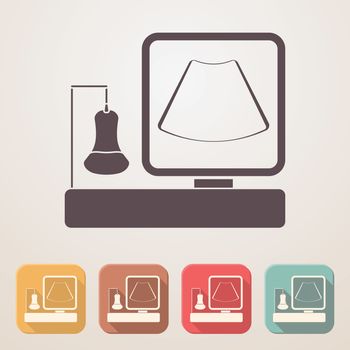 Ultrasound machine flat icon set in color boxes with shadow.