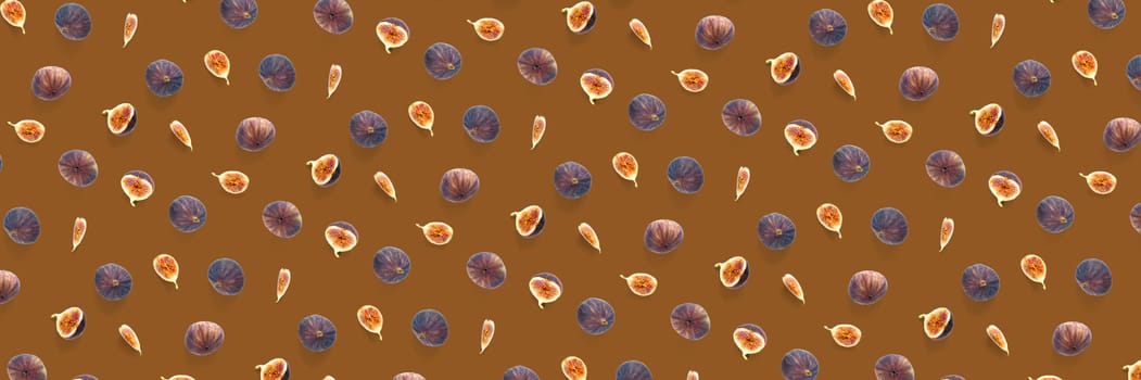 Background from Fresh figs. Food Photo. Modern fig fruits background. Creative set of the whole and sliced figs on a orange background, not pattern