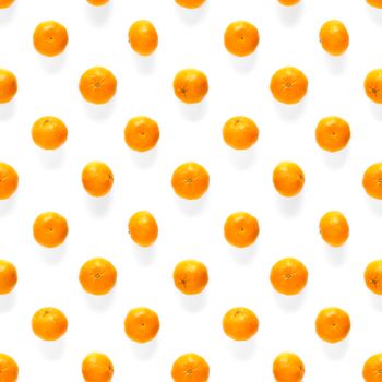 Fresh mandarin Seamles pattern. Ripe fruit tangerines seamless pattern. Fresh citrus isolated on white background pattern. Flat lay of Clementine. Mandarine modern tropical seamless background.