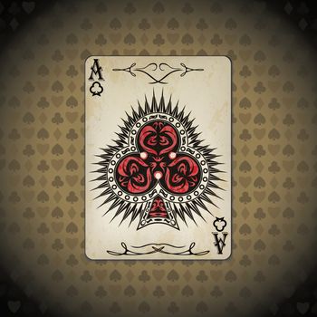 Ace of clubs poker cards old look vintage background.