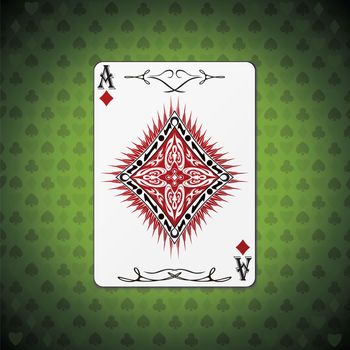 Ace of diamonds, poker cards green background.