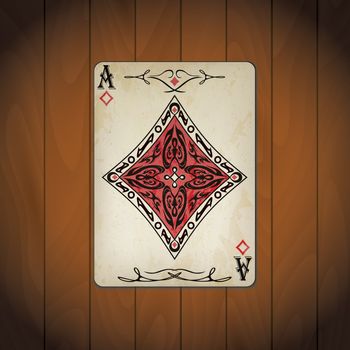 Ace of diamonds, poker cards old look varnished wood background.