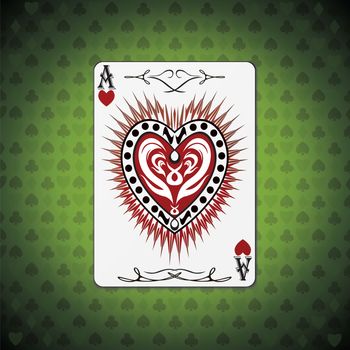 Ace hearts, poker cards green background.