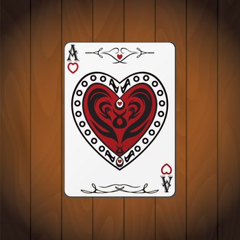 Ace hearts, poker card varnished wood background.