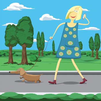 Cartoon girl walking a dog in park tolking on the cellphone.