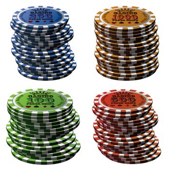 Poker chips column set isolated on white background.