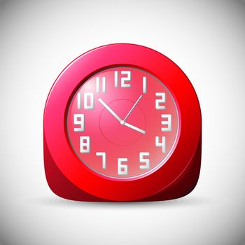 Red clock with white numbers on grey background.