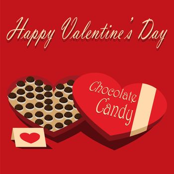 Valentine's Day box of chocolate candy and greeting card red background.