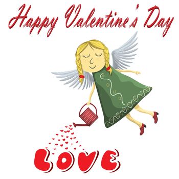 Valentines Fairy angel Blond watering love isolated on white background.