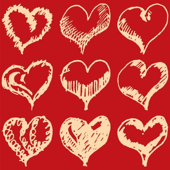 valentine hearts sketch set on red background.