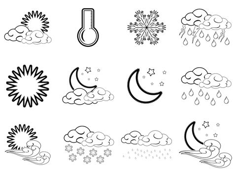 Night day weather colour icons set black outlined isolated on white background.